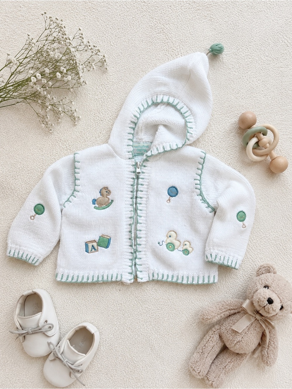 White Hooded Baby Cardigan with Mint Trim and Cute Embroidery vintage